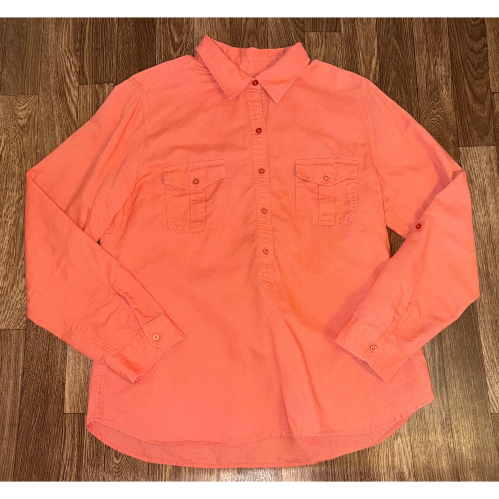 Talbots‎ Womens Medium Coral Linen Cotton Blend Roll Tab Sleeve Popover Shirt